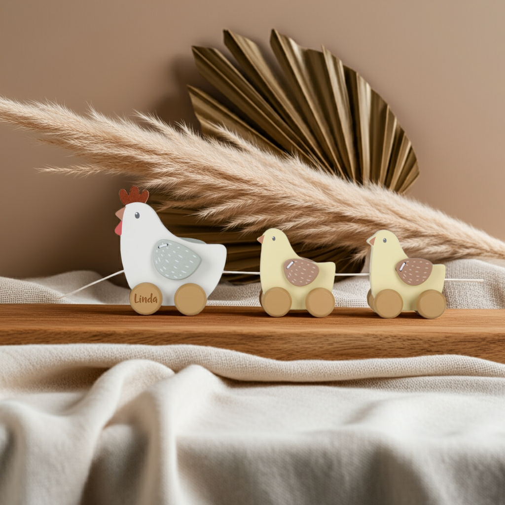 Holz-Nachziehtier Huhn Little Farm mit Zugschnur – personalisierbar mit Namen