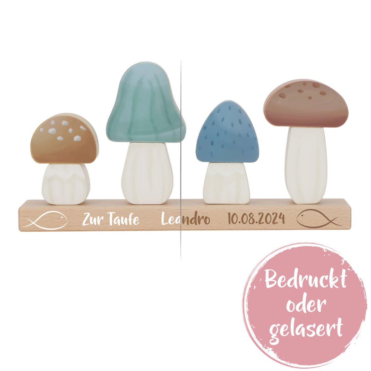 Personalisierte Little Dutch Stapel-Pilze Forest Friends zur Taufe – Vergleich von Druck und Lasergravur auf dem Holz-Stapelspiel