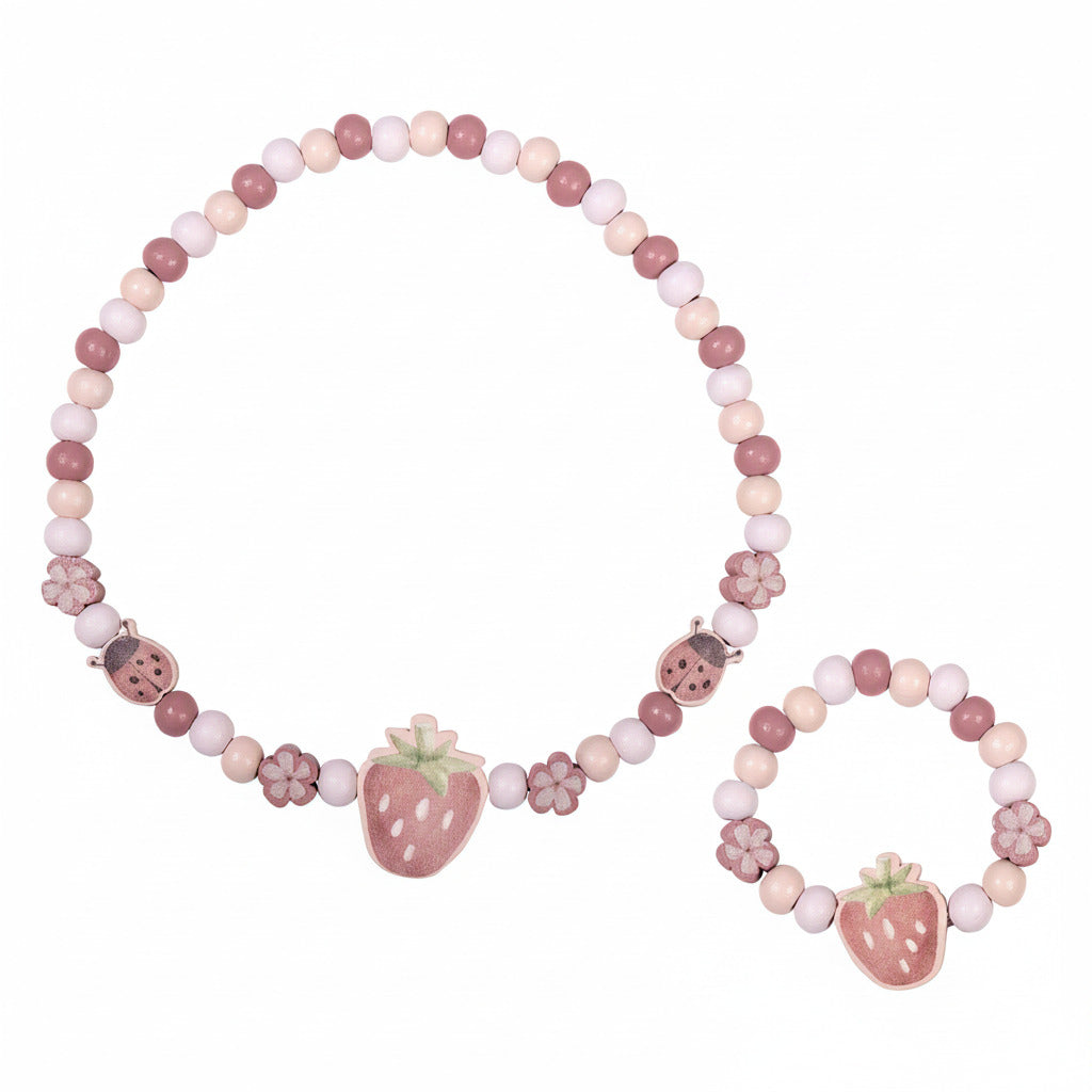 Little Dutch Schmuckset Erdbeere – Kinder-Schmuckset aus Holz mit Halskette, Armband und Haarklammern mit Erdbeer- und Marienkäfermotiven