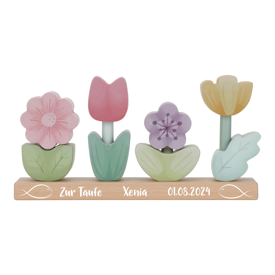Personalisierte Little Dutch Stapel-Blumen Fairy Garden zur Taufe mit Druck – Holz-Stapelpuzzle als persönliches Taufgeschenk