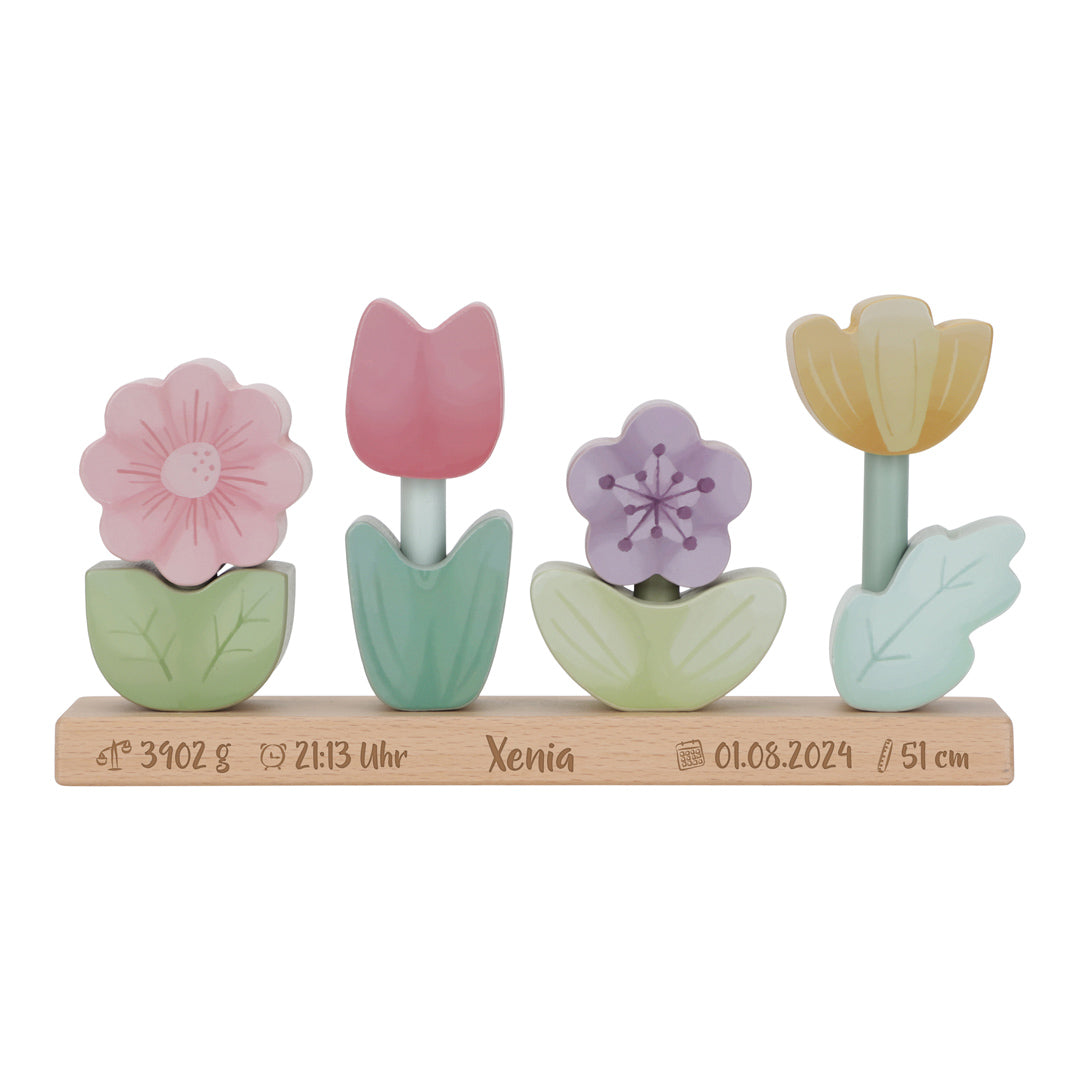 Personalisierte Little Dutch Stapel-Blumen Fairy Garden mit Geburtsdaten und Lasergravur – Holzspielzeug als Geschenk zur Geburt
