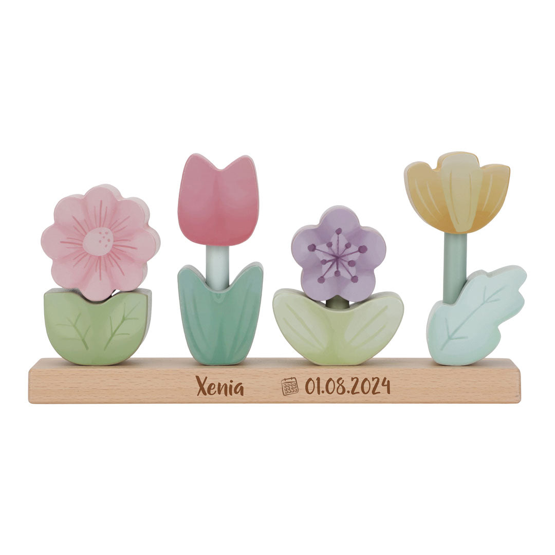 Personalisierte Little Dutch Stapel-Blumen Fairy Garden mit Name und Datum – Holz-Stapelpuzzle als persönliches Geschenk für Babys und Kinder