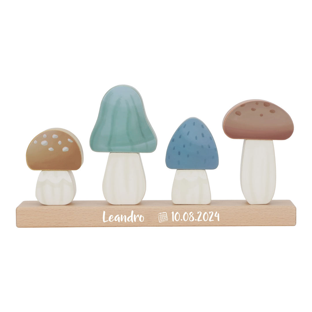 Personalisierte Little Dutch Stapel-Pilze Forest Friends mit Name und Datum im Druck – Holz-Stapelpuzzle als Geschenk zur Geburt