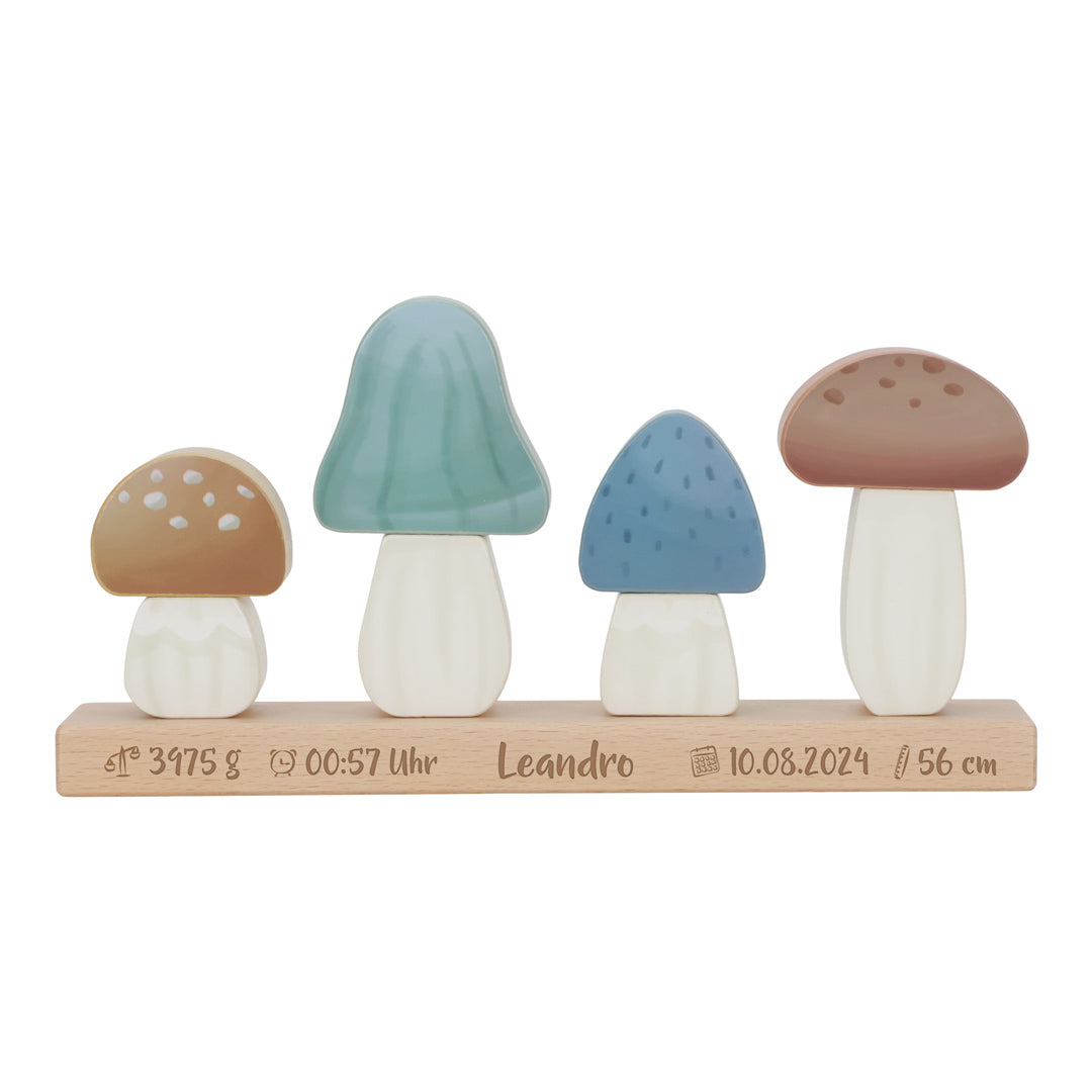 Personalisierte Little Dutch Stapel-Pilze Forest Friends zur Geburt mit Lasergravur – individuelles Holzspielzeug für Babys