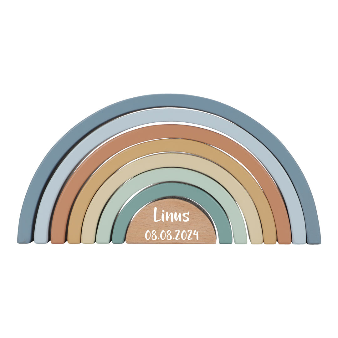 Personalisierter Little Dutch Stapel-Regenbogen Forest Friends mit Name und Datum im Druck – blaues Holzspielzeug zur Geburt