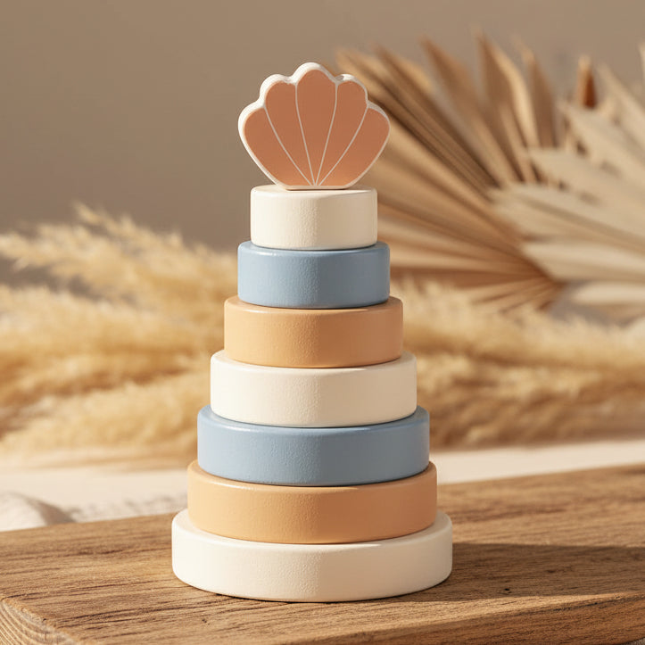 Jollein Stapelturm Muschel Blau aus Holz – 6 Ringe
