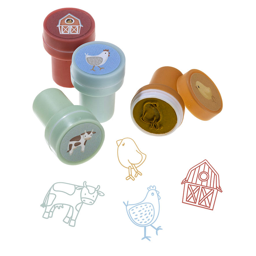 Little Dutch Stempel-Set Little Farm mit 16 selbstfärbenden Bauernhof-Stempeln – Kreativspielzeug mit Kuh, Schaf und Huhn ab 3 Jahren