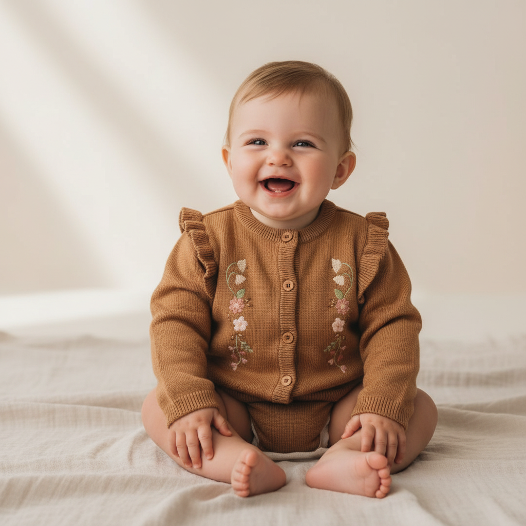 Strickjacke Braun von Little Dutch Little Farm – Produktansicht mit Blumenstickerei