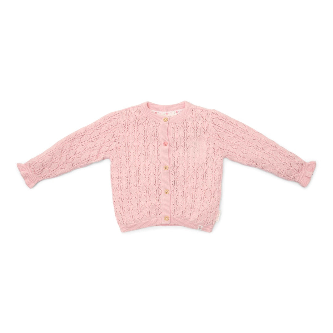 Little Dutch Lotus Strickjacke in Pink – weiche Kinderjacke aus Bio-Baumwolle mit Rüschen und Blumenknopf