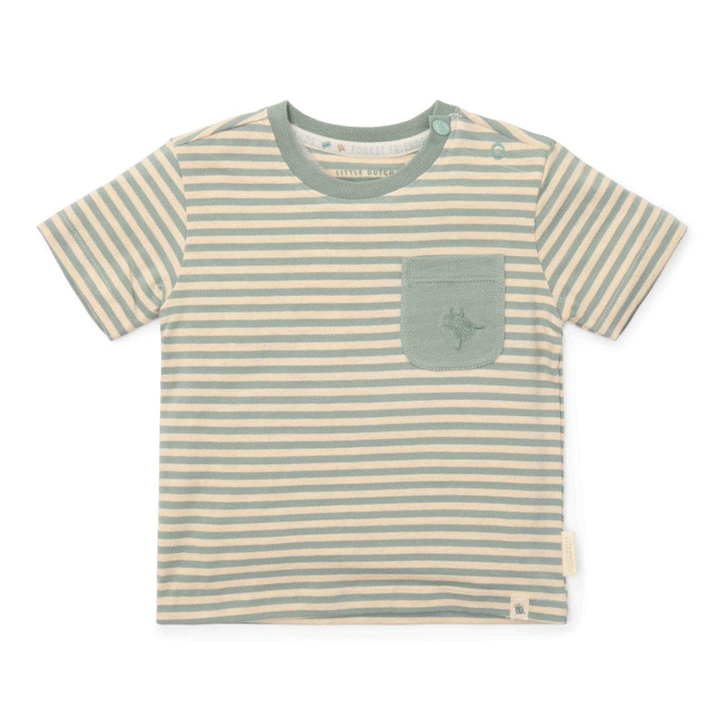 T-Shirt Forest Green Stripe von Little Dutch – grün-weiß gestreiftes Kurzarmshirt mit Käfer-Stickerei