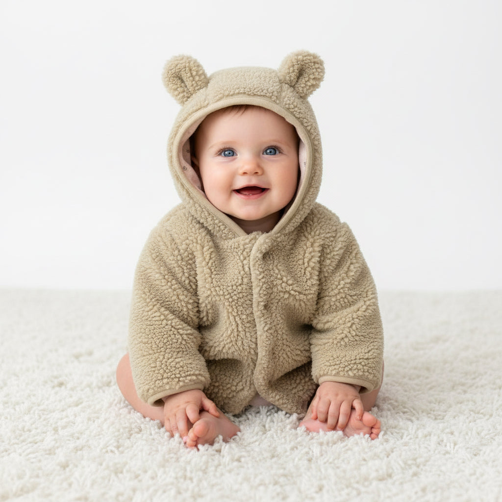 Teddy Newborn Jacke Soft Green von Little Dutch – grüne Babyjacke mit Kapuze und Ohren