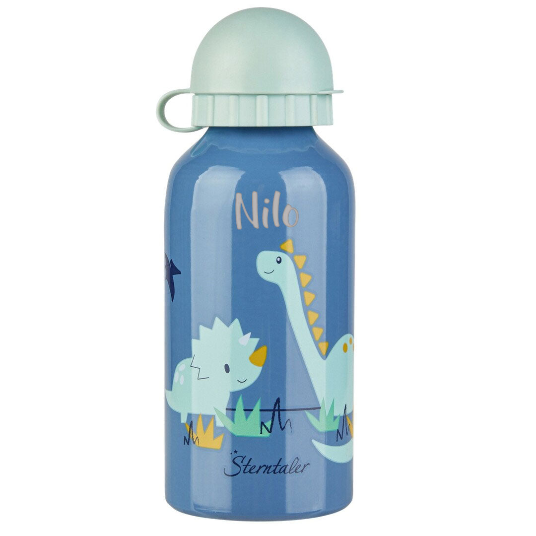 Personalisierbare Sterntaler Trinkflasche Dino Rexi in Mittelblau mit Lasergravur – Aluminium-Kinderflasche mit Dinomotiv