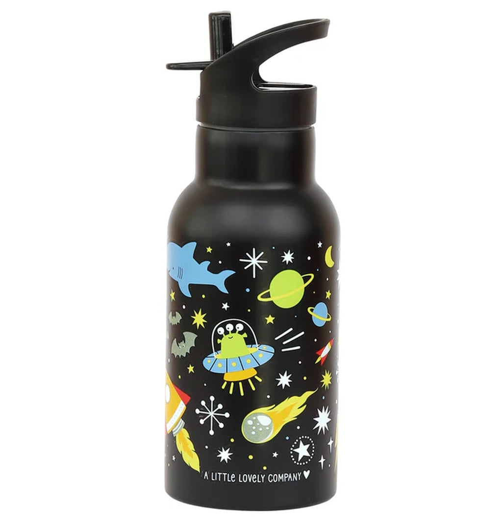 A Little Lovely Company Edelstahl-Trinkflasche Galaxy – doppelwandige Kinder-Isolierflasche mit Raketen, Planeten und Sternen für Schule und Ausflüge