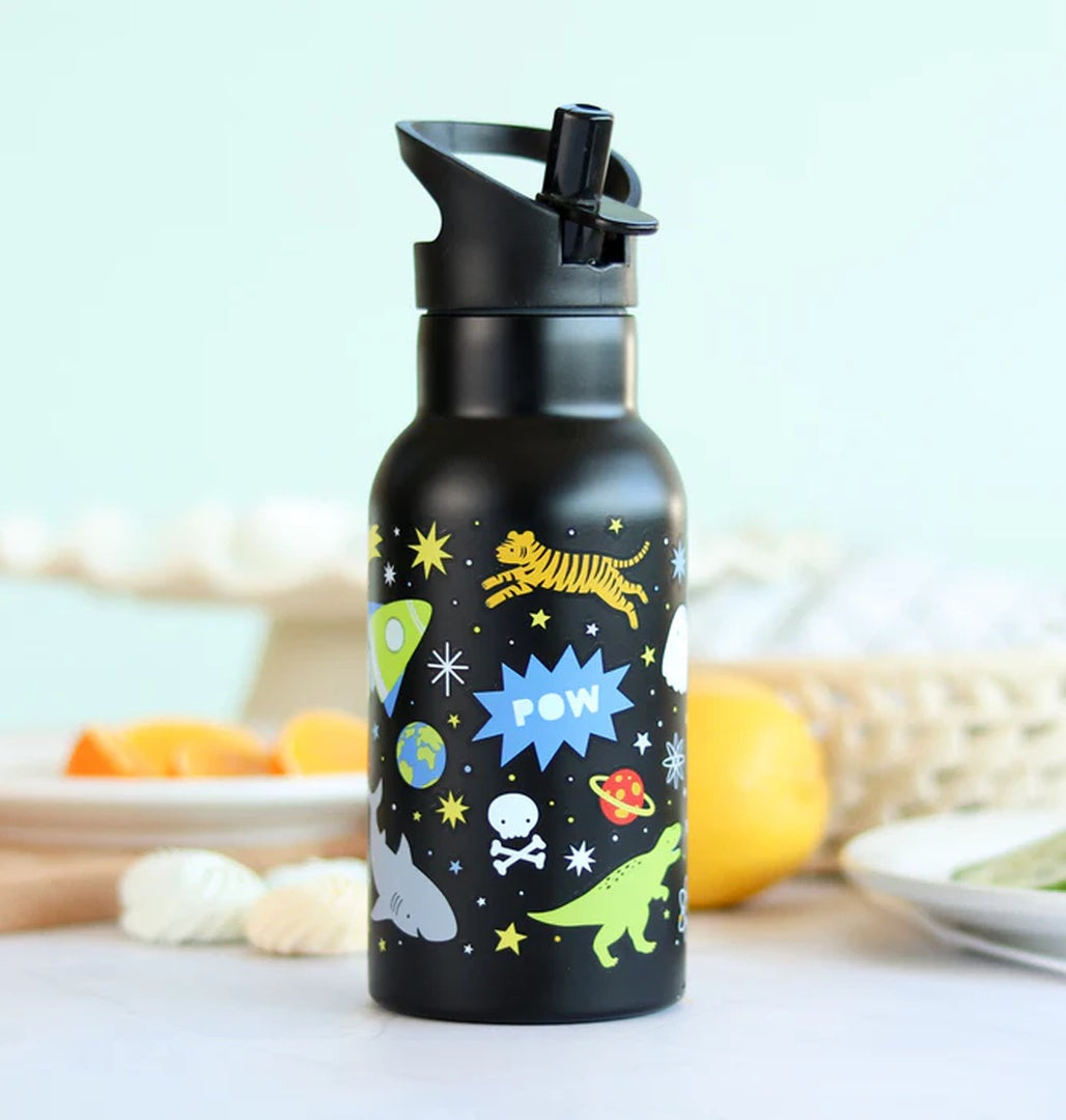 Edelstahl-Trinkflasche Galaxy von A Little Lovely Company – Kinderflasche mit Weltraummotiv aus Raketen, Planeten und Sternen