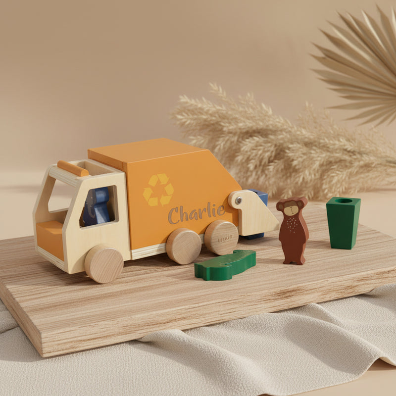 Trixie Holz Müllwagen mit Tierfiguren und Mülltonnen