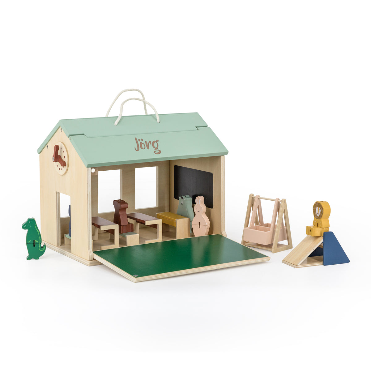 Trixie Schule aus Holz personalisierbar mit Lasergravur – tragbares Spielhaus mit sechs Tierfiguren und umfangreichem Zubehör