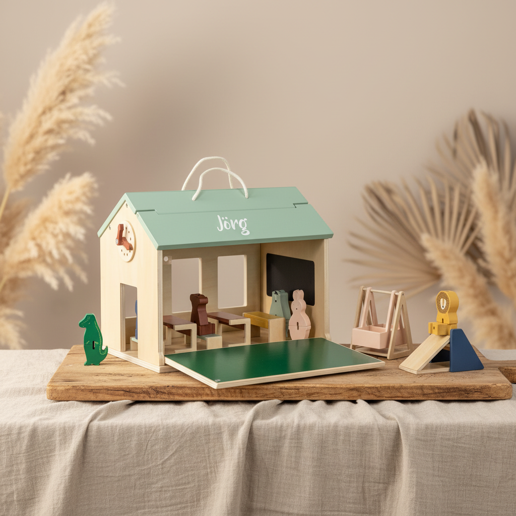 Personalisierte Trixie Schule aus Holz mit Zubehör – tragbares Rollenspielhaus mit sechs Trixie Tierfreunden und 13 Spielteilen