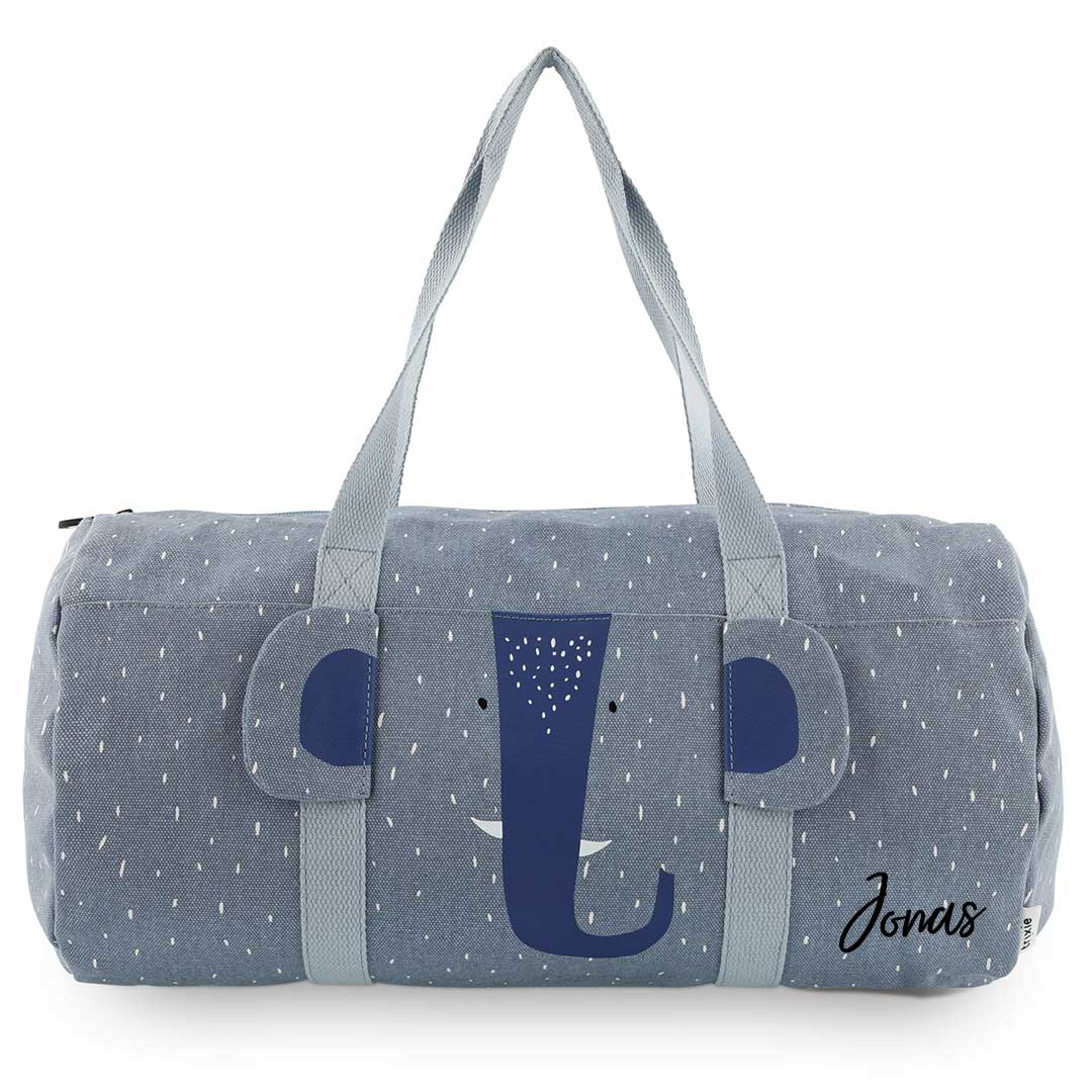 Trixie Kindertasche Frau Elefant rund personalisiert mit Namen – blaue Sporttasche mit Elefantenmotiv und praktischem Außenfach