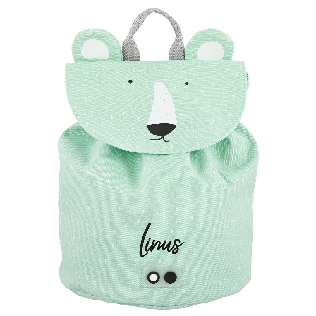 Personalisierter Trixie Mini-Rucksack Herr Eisbär in Mint mit Name – Kinder-Rucksack aus Bio-Baumwolle für Kindergarten und Ausflüge