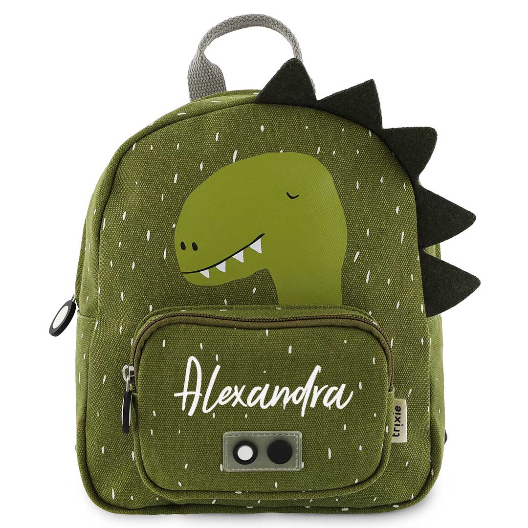 Trixie Rucksack klein Herr Dino personalisiert mit Namen – grüner Kinder-Rucksack mit Dinomotiv und praktischem Brustgurt