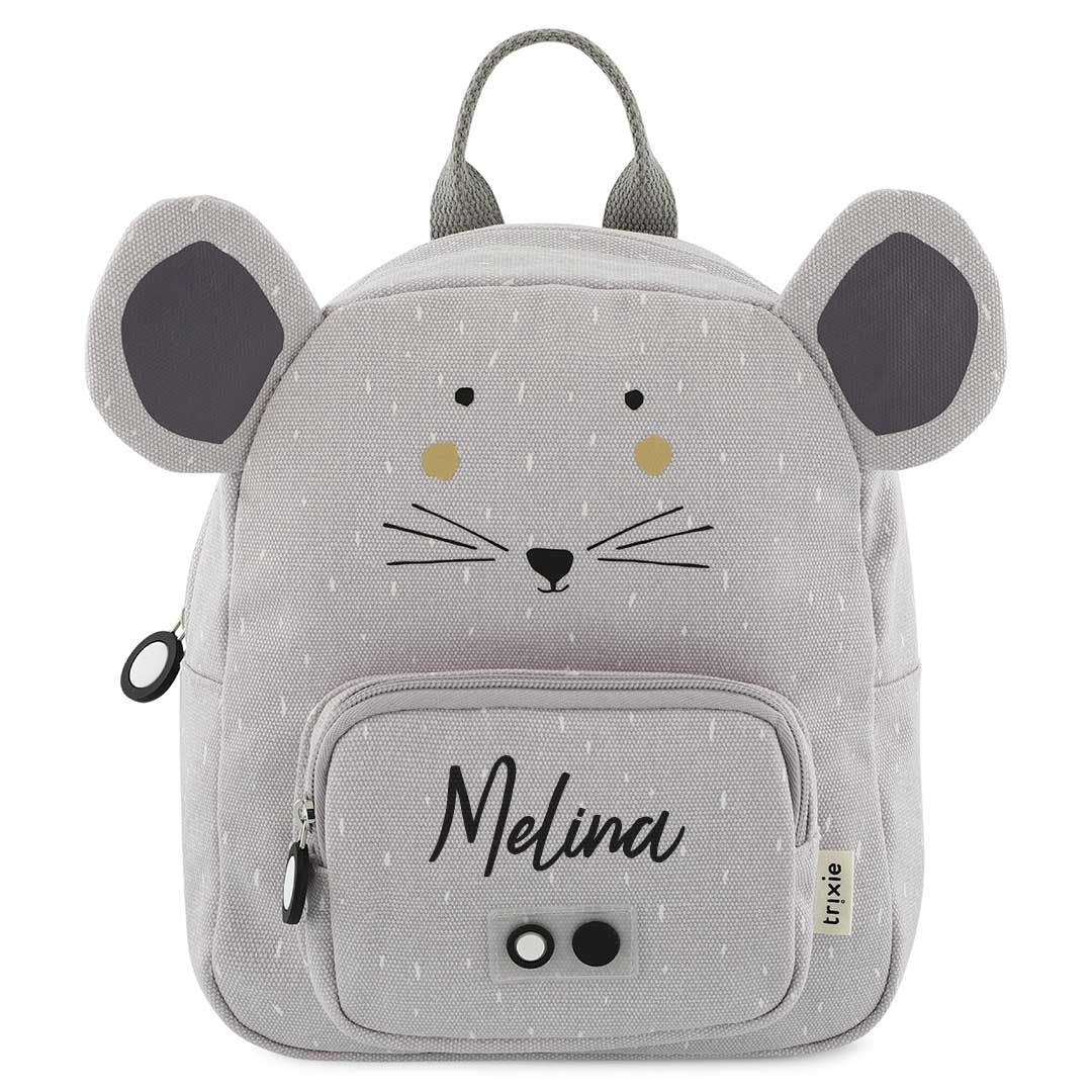 Trixie Rucksack klein Frau Maus personalisiert mit Namen – lila Kinder-Rucksack mit Mausmotiv und praktischem Brustgurt