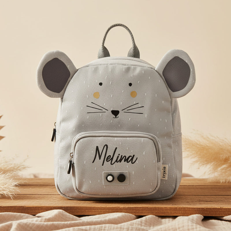 Personalisierter Trixie Kinder-Rucksack Frau Maus in Lila mit Name – kleiner Tierrucksack für Kita, Kindergarten und Ausflüge