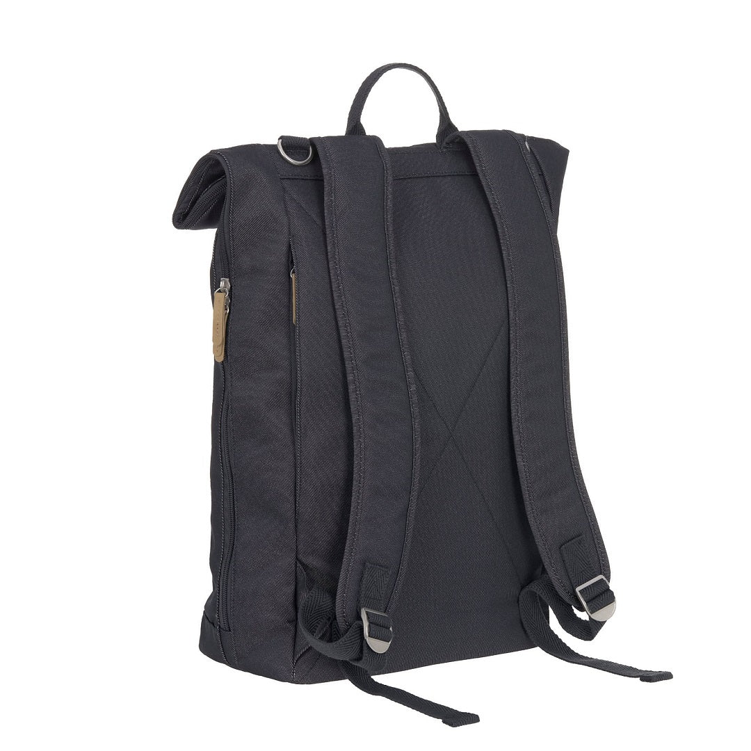 LÄSSIG Rolltop Wickelrucksack Denim Blue mit Wickelunterlage, isoliertem Flaschenhalter und praktischem Zubehör für unterwegs