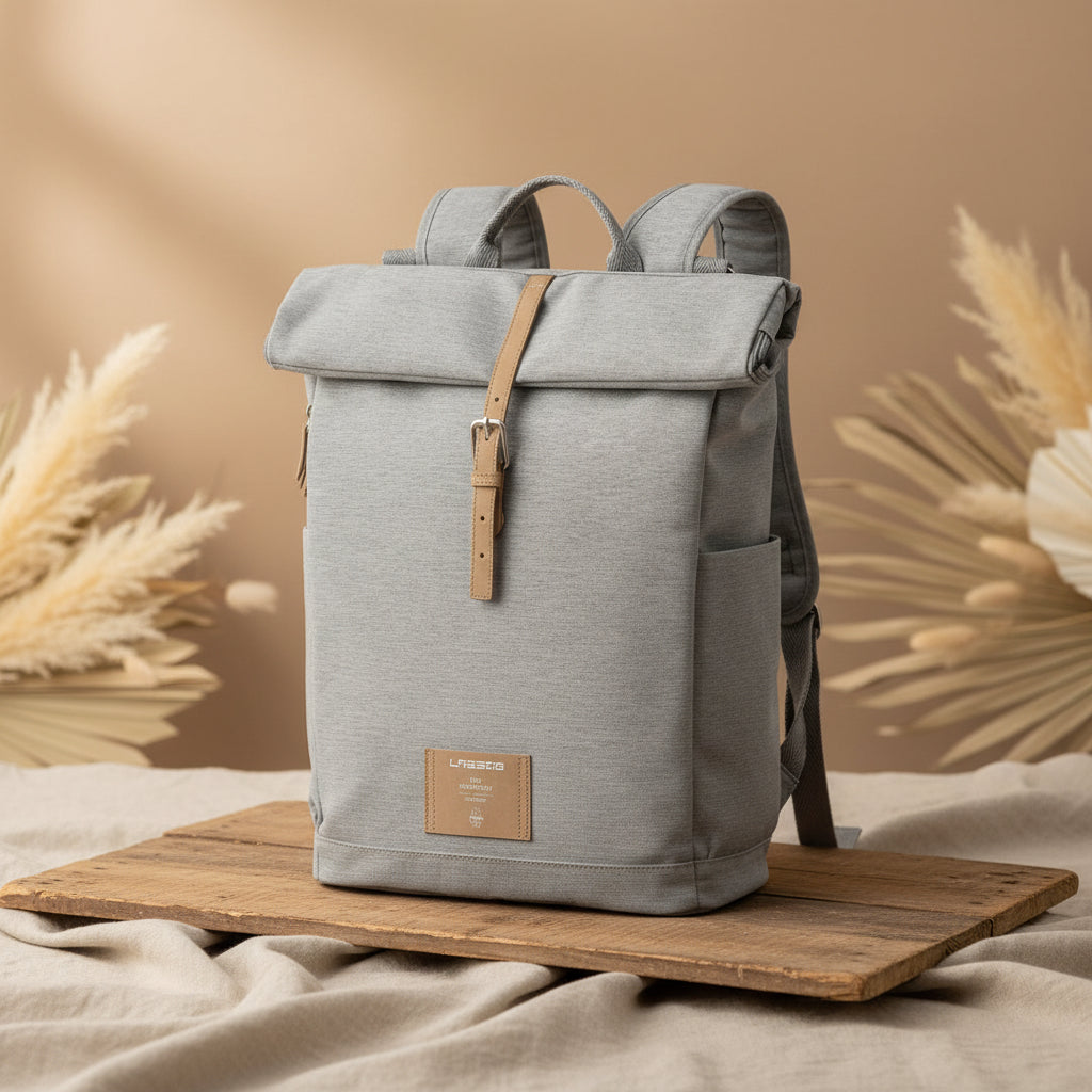 LÄSSIG Rolltop Wickelrucksack Grey Mélange – grauer Wickelrucksack mit flexiblem Rolltop, Magnetverschluss und verstellbaren Schultergurten