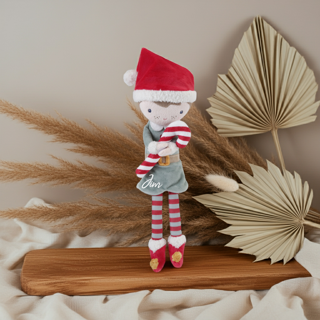 Weihnachts-Kuschelpuppe Jim mit Zuckerstange – weiche Stoffpuppe 35 cm