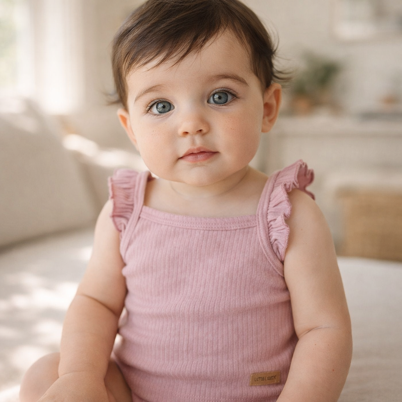 Baby trägt ein mauvefarbenes geripptes Top mit Rüschenträgern in einem hellen Wohnraum
