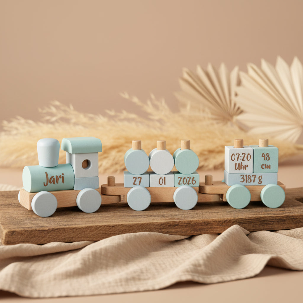 Personalisierter small-foot-Holzzug Blau mit Gravur und Steckelementen
