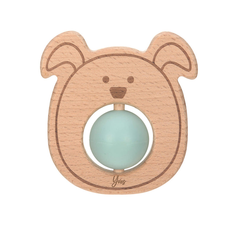 Personalisierbarer Lässig Greifling Hund Natur/Mint aus Holz und Silikon