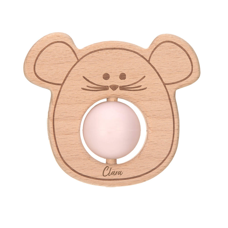 Personalisierbarer Lässig Greifling Maus Natur/Rosa aus Holz und Silikon