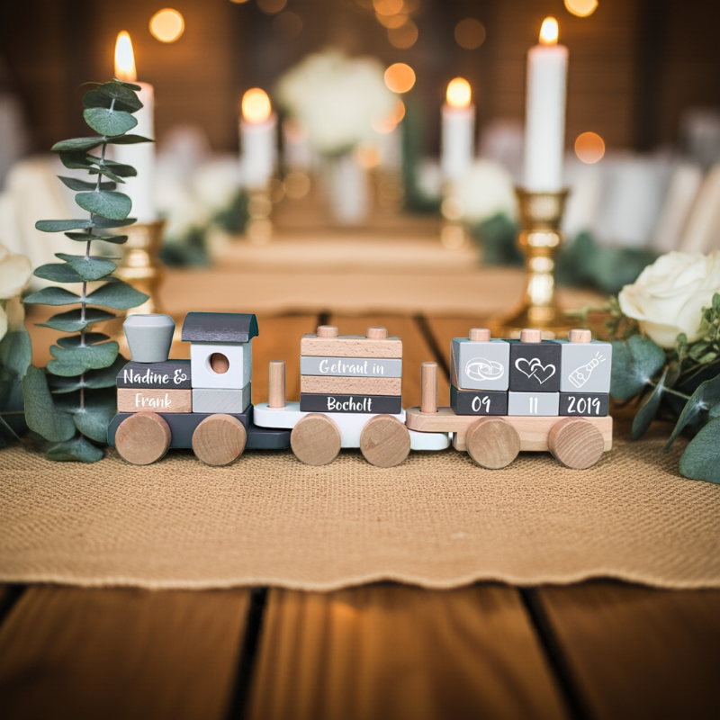 Holzzug als romantische Tischdekoration mit Namen und Hochzeitsdatum