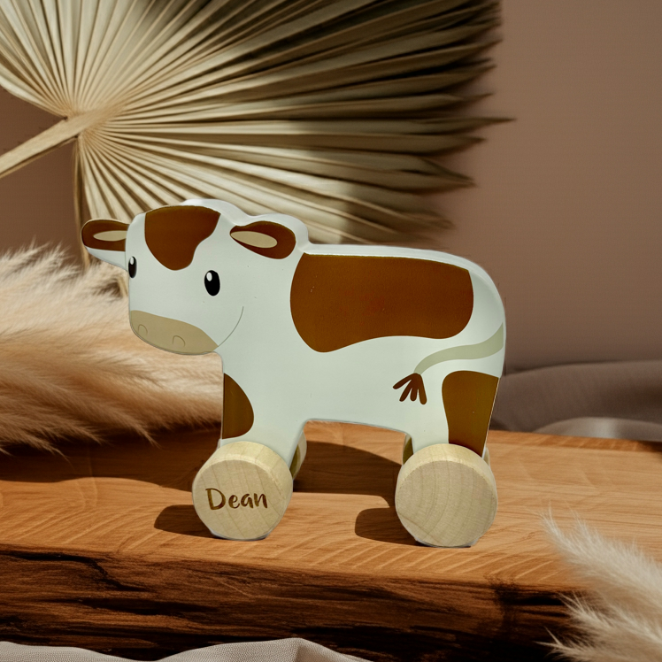 Holz-Kuh mit personalisiertem Namen als individuelle Geschenkidee für Babys