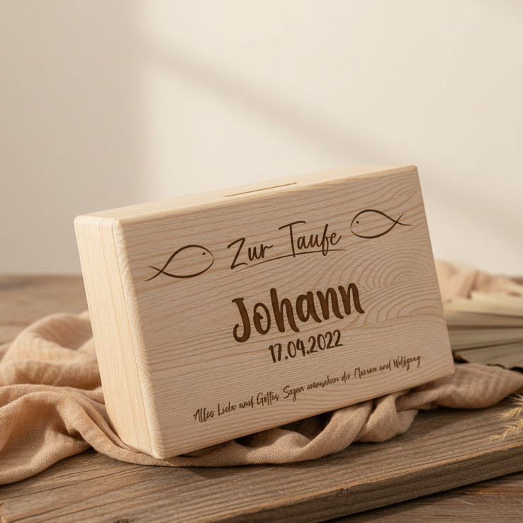 Personalisierte Erinnerungsbox zur Taufe mit Fischmotiv und Taufspruch