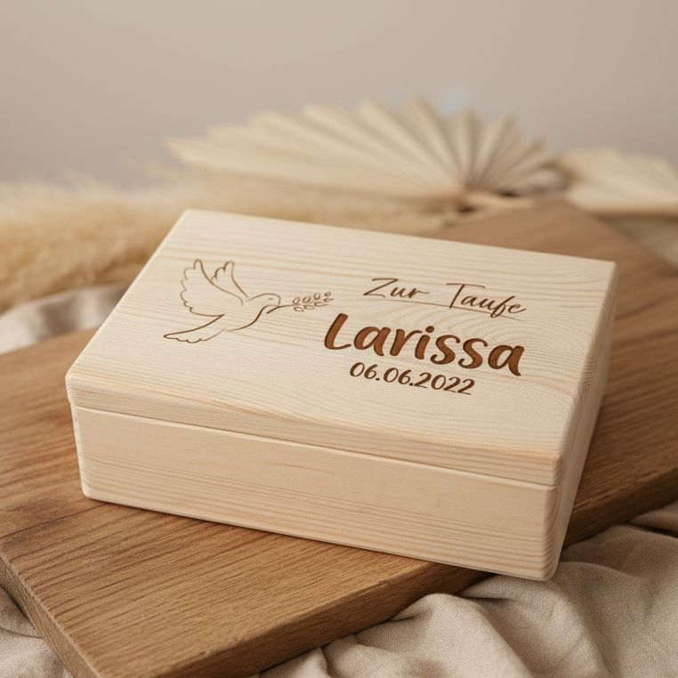 Naturholz-Erinnerungsbox zur Taufe mit Name und Friedenstauben-Motiv
