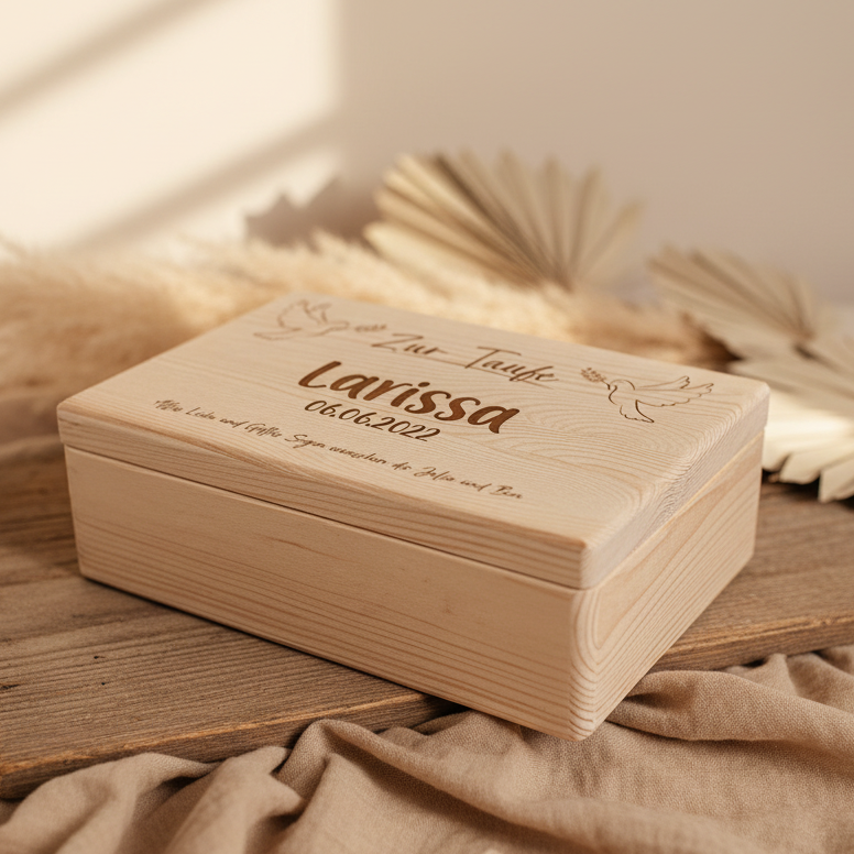 Personalisierte Erinnerungsbox zur Taufe mit Friedenstauben und Taufspruch