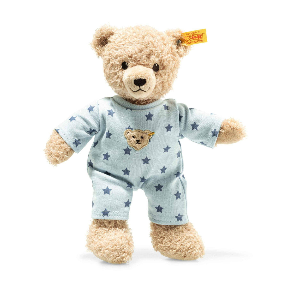 Steiff Kuscheltier Teddy blau 25 cm – beiger Plüschbär mit abnehmbarem hellblauem Schlafanzug und dunkelblauem Sternenmuster