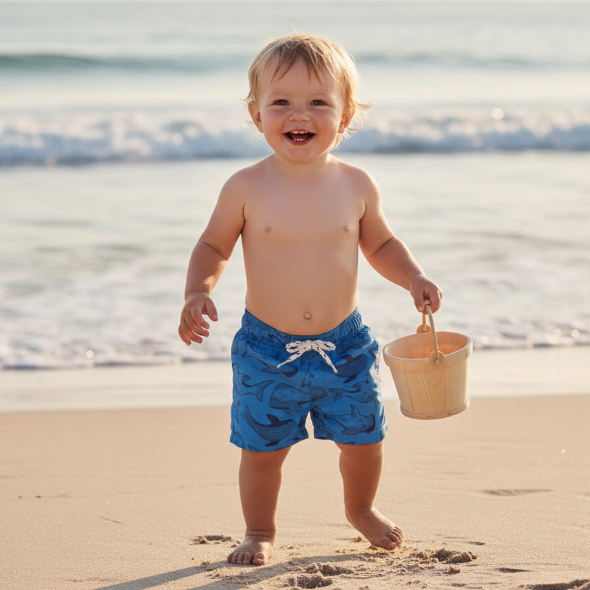 Badeshorts Sea Life Blue von Little Dutch – blaue Kinder-Badeshorts aus recyceltem Polyester