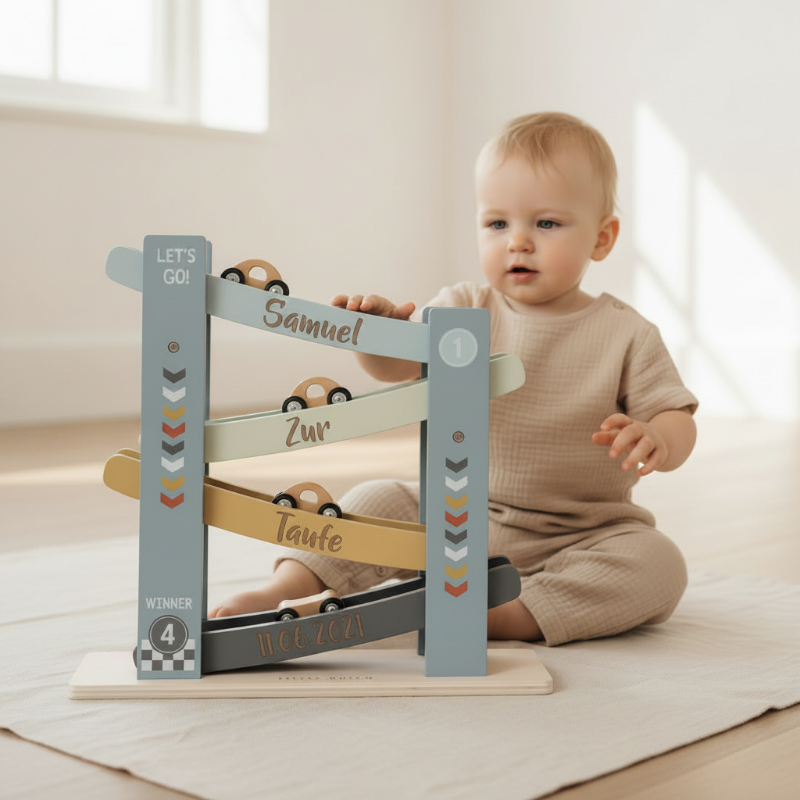 Baby spielt mit personalisierter blauer Kugelbahn zur Taufe