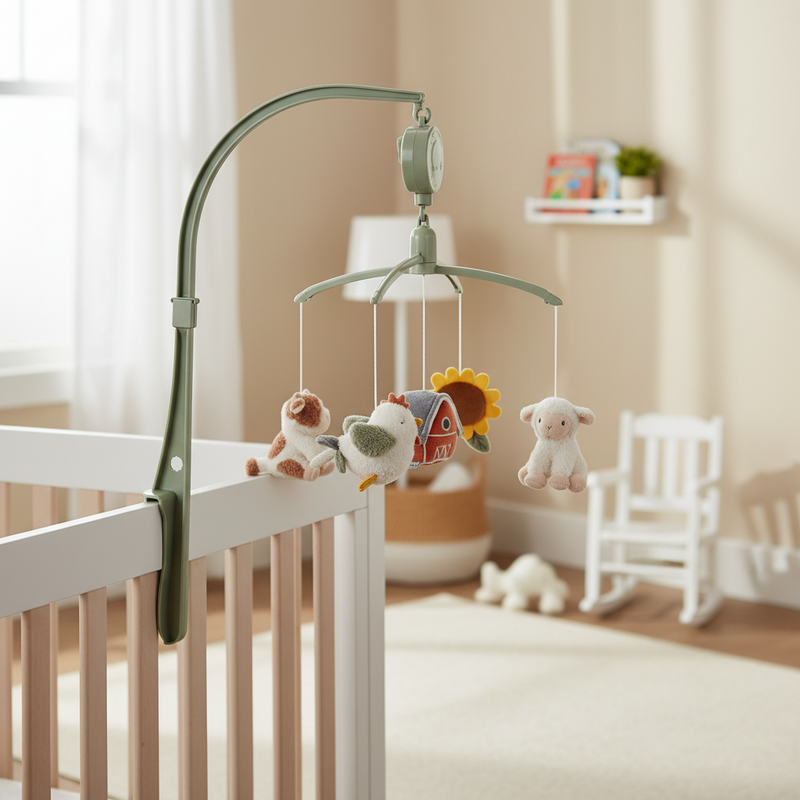 Personalisiertes Musik-Mobile Little Farm mit Name über einem Babybett
