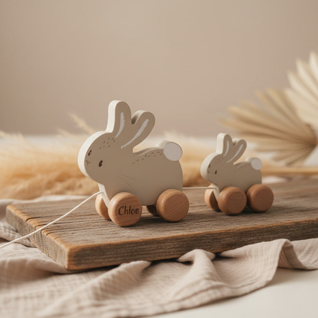 Personalisierbares Nachziehtiere Baby Bunny aus Holz