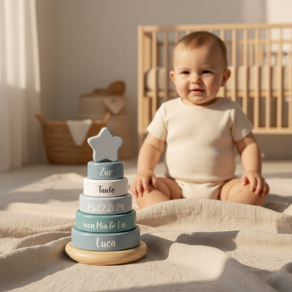 Personalisierter blauer small foot Stapelturm zur Taufe mit Stern – Detailansicht