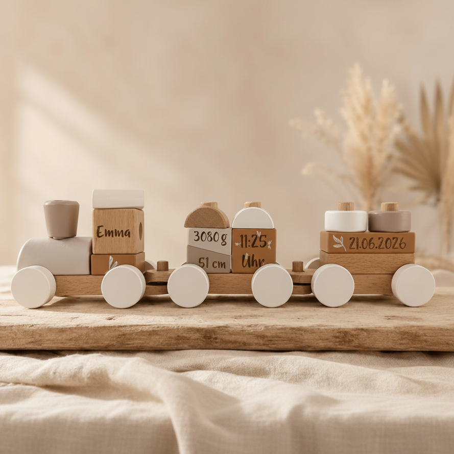 Gepersonaliseerde houten trein voor de geboorte met naam & geboortegegevens – Nougat