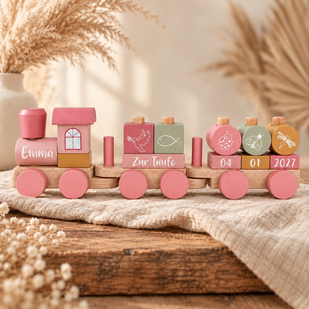 Gepersonaliseerde houten trein voor de doop met naam & doopdatum – Roze