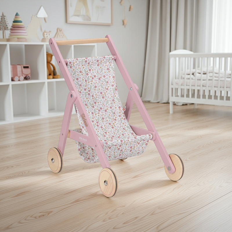 Personalisierter Little Dutch Holz-Puppenbuggy Soft Flowers in Rosa