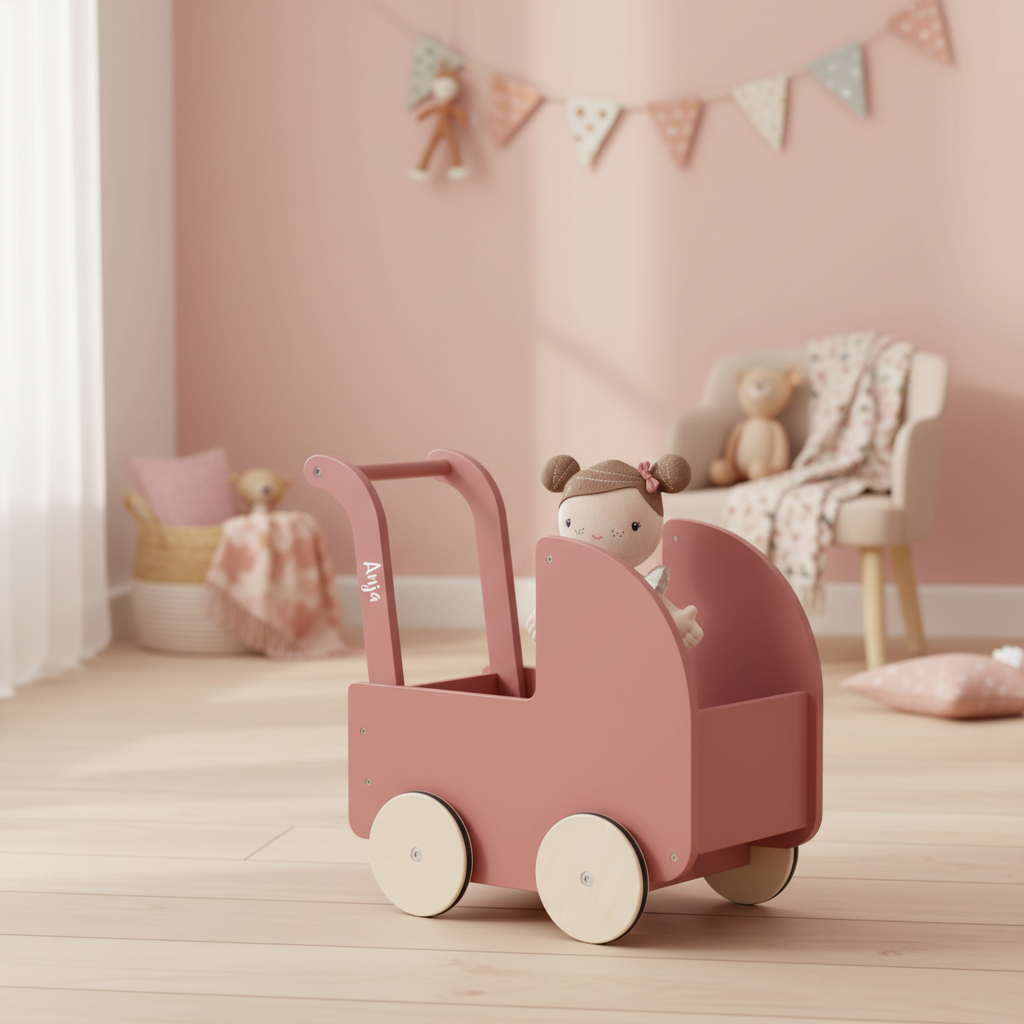 Personalisierter Holz-Puppenwagen mit Puppe im Kinderzimmer