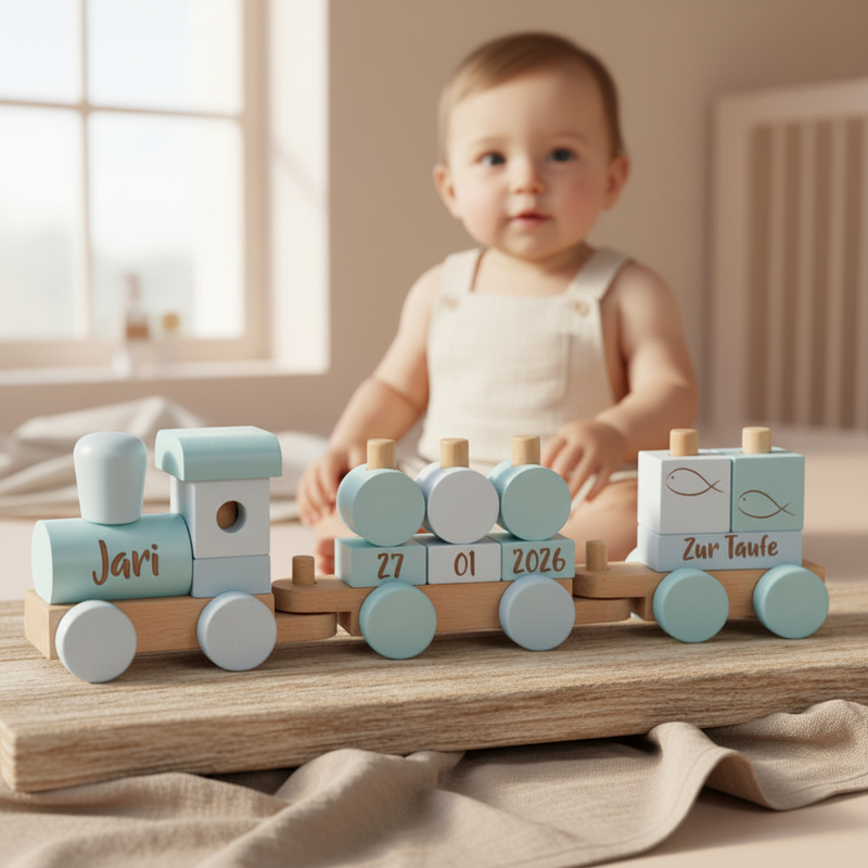 Personalisierter blauer small-foot-Holzzug zur Taufe mit Name und Taufdatum – Beispiel mit Kind