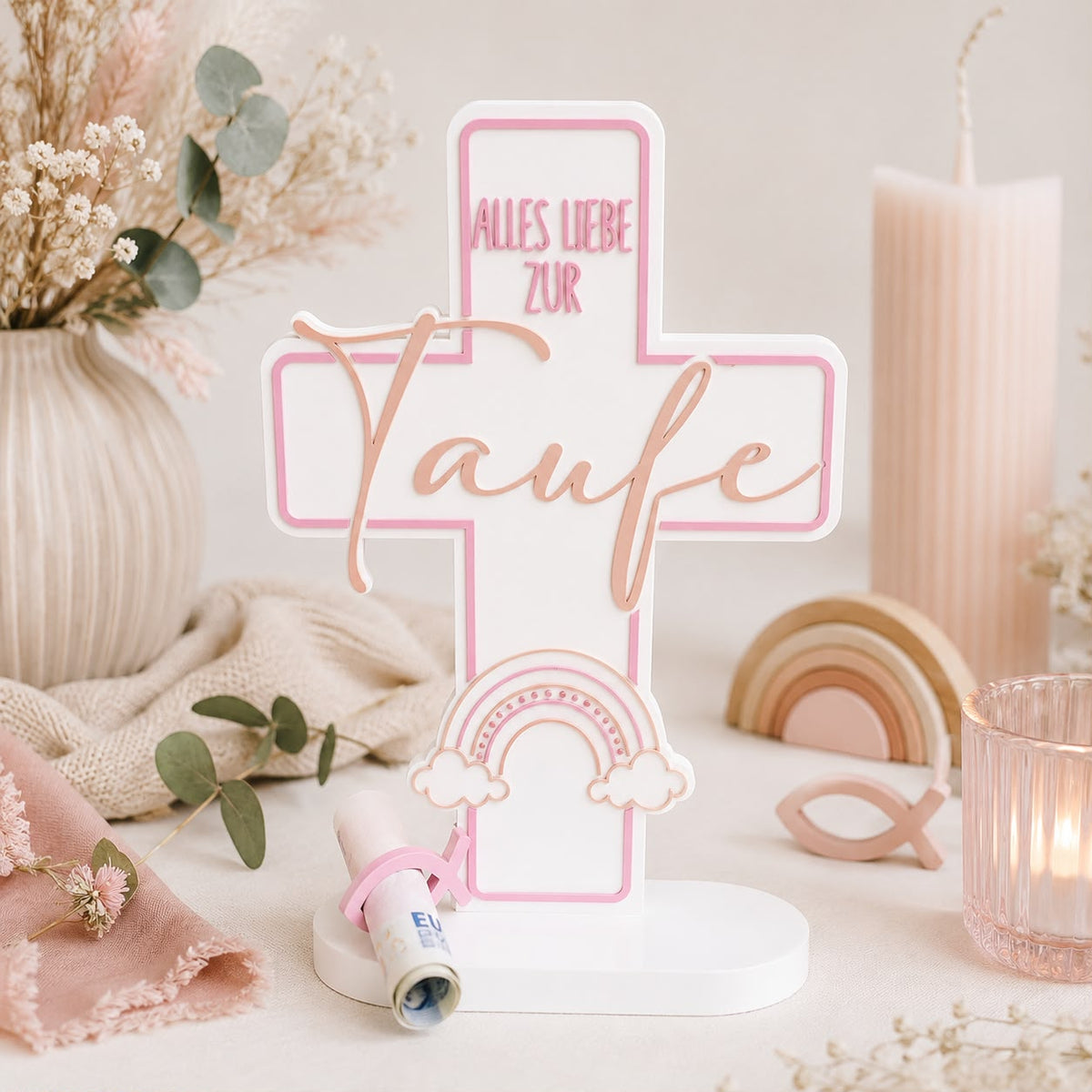 Personalisiertes Taufkreuz in Rosa mit Namen und Regenbogen Motiv als Geldgeschenk zur Taufe